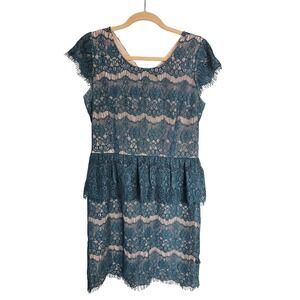 Anthropologie Maeve Elsa M Teal Lace Peplum Dress Holiday Christmas Cocktail EUC